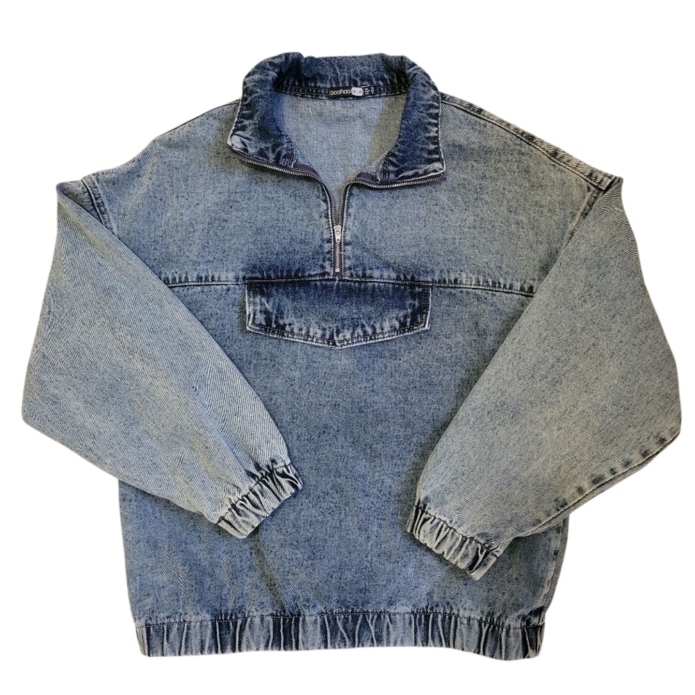 Boohoo Denim Quarter-Zip Pullover Jacket Sz 8 Cotton Dropped Shoulders Boxy